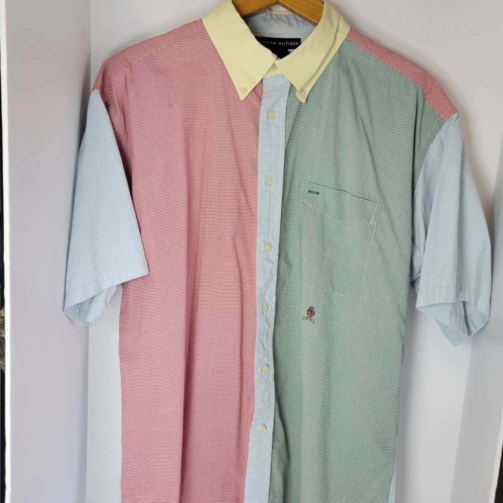 Tommy Hilfiger Mens XL Colorblock Gingham Short Sleeve Button Down Shirt Crest